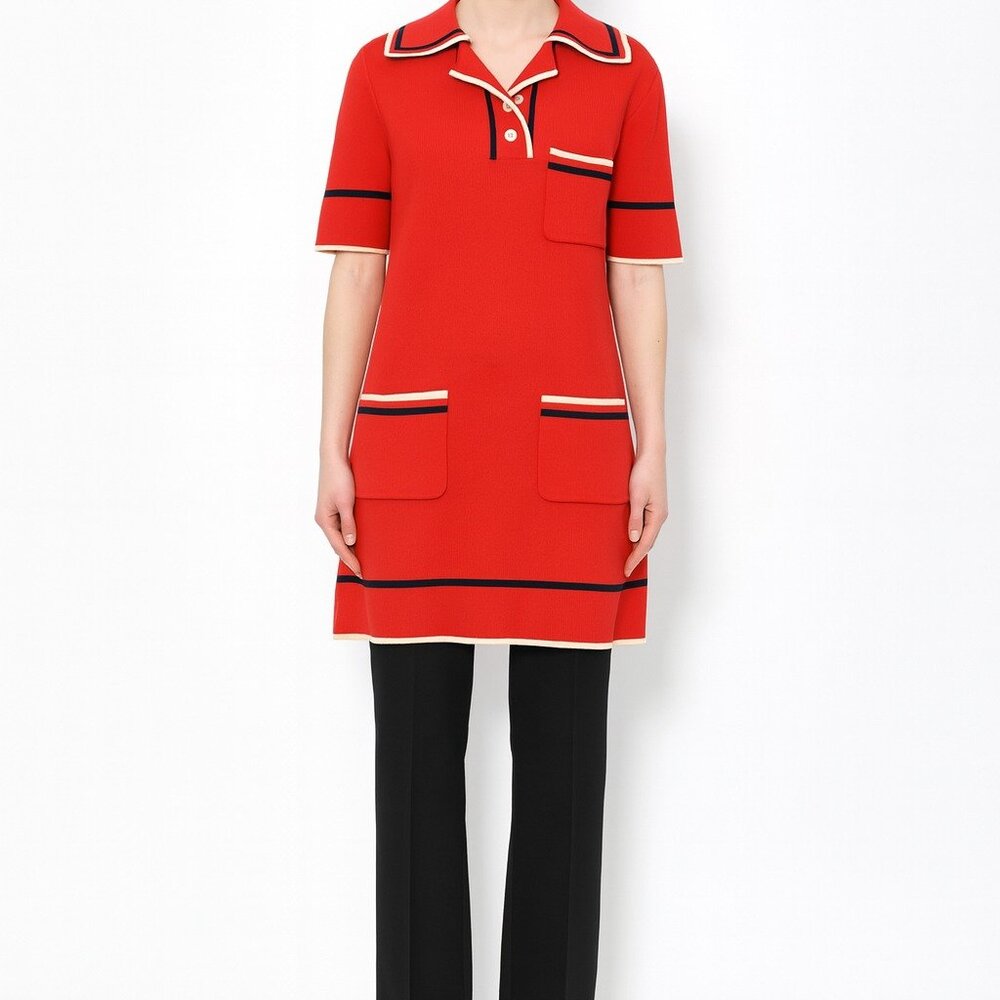 Gucci fine cotton knit polo dress L red white blue retro style classic authentic